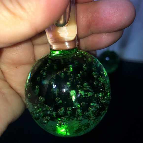 Vintage Art Glass 9” Green Bud Vase Weighted Base Controlled Bubbles 1” Opening - Picture 4 of 5